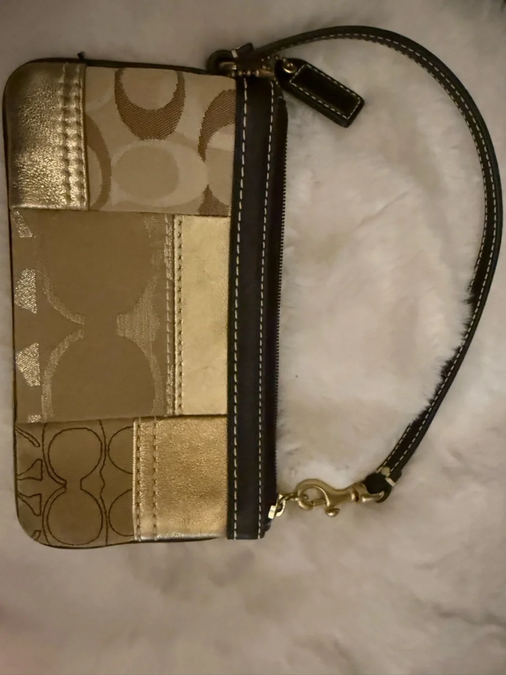 Coach Metallic Gold Patchwork Wristlet with Brown Trim